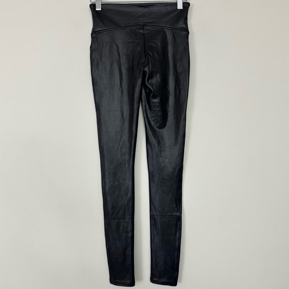 SPANX Black Metallic Sleek Faux Vegan Leather Compression High Waist Leggings L - Picture 10 of 16
